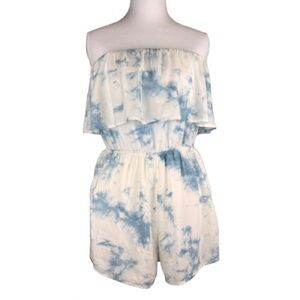 Le Lis Strapless Tie Dye Romper Blue White Ruffle Bandeau Boho Medium